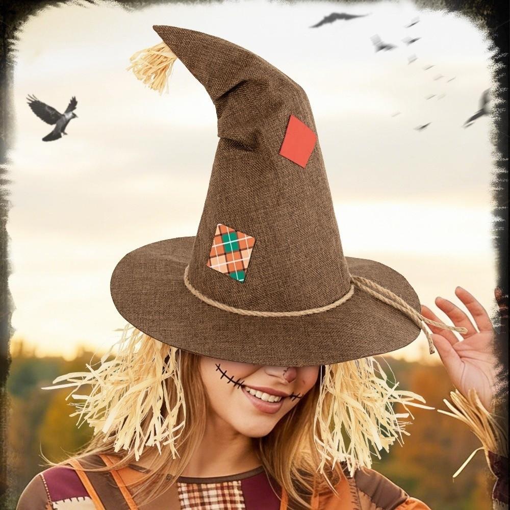 Portable Vintage Straw Witch Hat Creative Foldable Cosplay Hat with Patches Spooky Witch Cap Travel Friendly