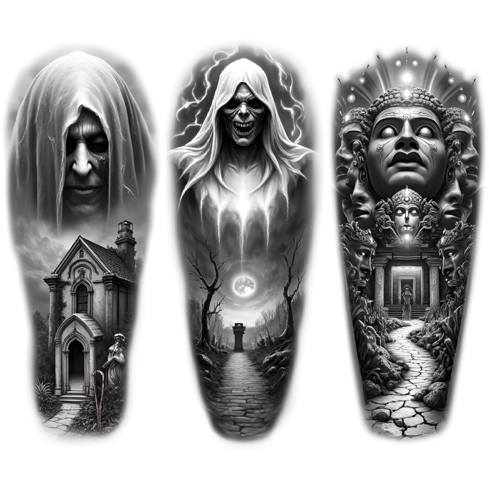 3pcs Temporary Tattoo Black And Grey Realism Hooded Figure Clock Tower Tree For Adults Thighs Men