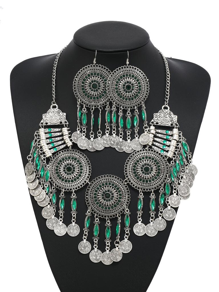 Gypsy Bohemia Chic Vintage Metal Coin Crystal Tassel Jewelry Sets Women Hippie Turkish Ethnic Tribal Necklace Earring Set