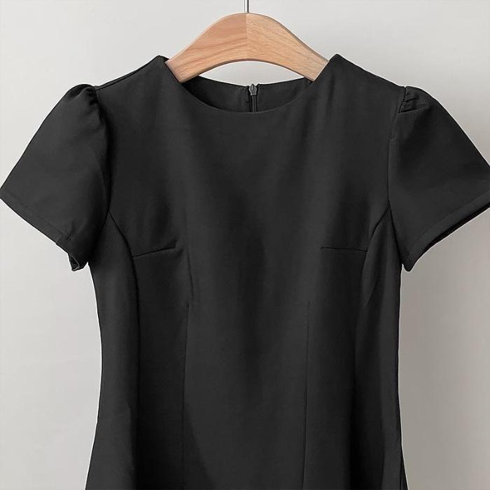 

Short-sleeved dress women s summer new temperament thin material suit skirt waist thin A-shaped skirt short skirt M чёрный
