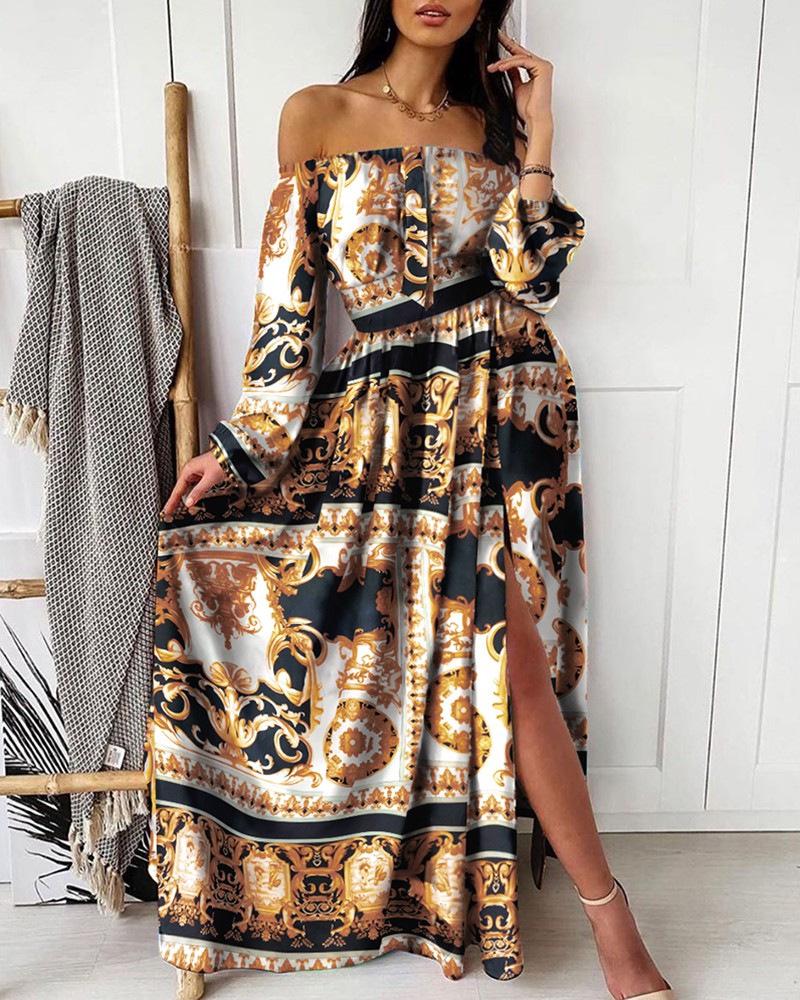 V-neck Vintage Long Sleeve Slit Dress with European & American Print