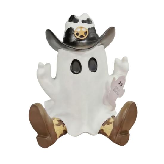 Halloween Cowboy Ghost Statue Cute Ghost Walking Dog Resin Crafts Tabletop Ornaments for Indoor Outdoor Halloween Decoration