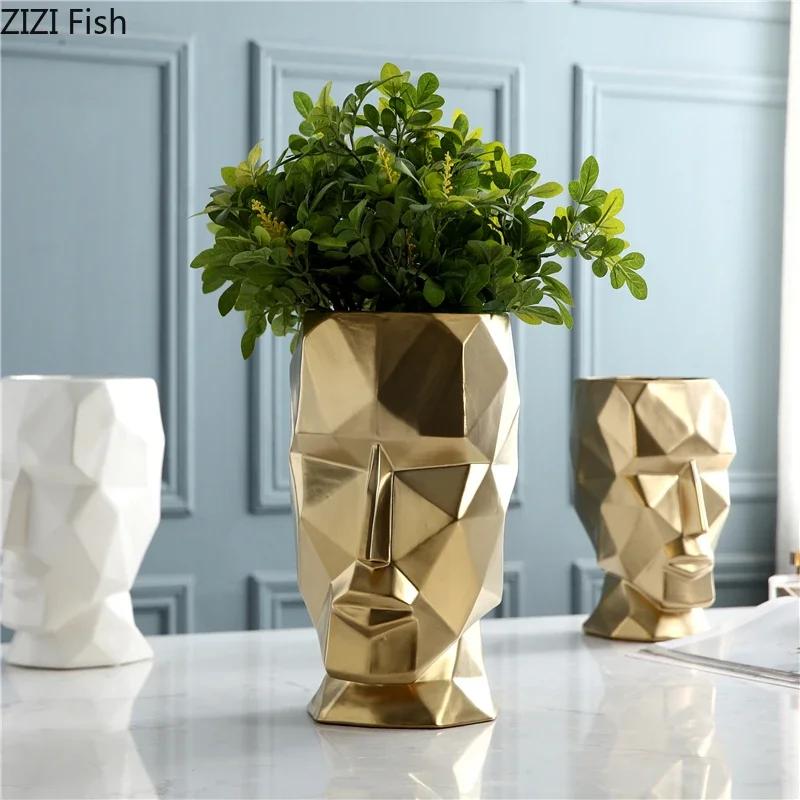 Nordic Ceramics Vase Geometric Origami Abstract Golden Human Head Vases Flower Arrangement Crafts Figurines Home Decoration