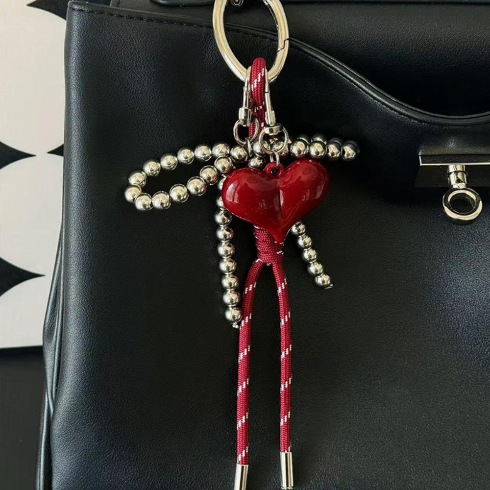 Fashion Red Bow Bag Charm Silver Bead Bead Chain Handmade Woven Rope Keychain Bowknot Keychain Women Gifts