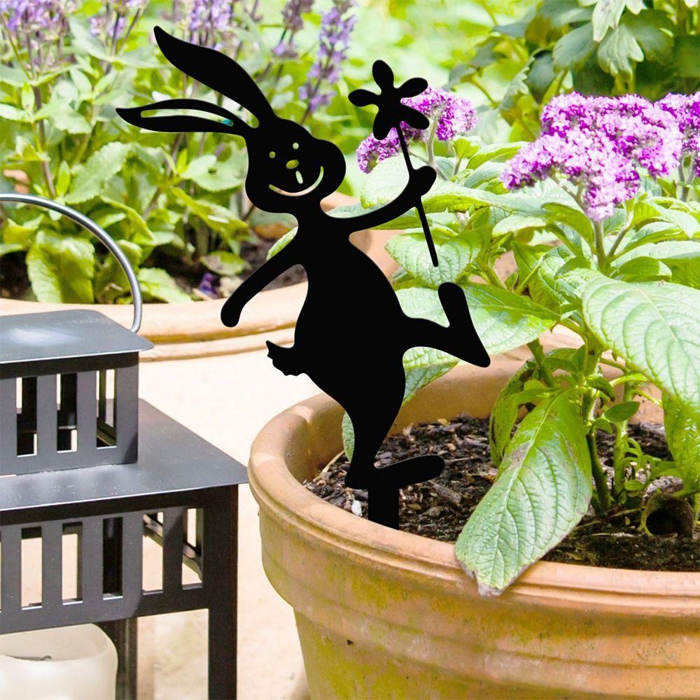 Creative Iron Rabbit Garden Stakes Cartoon Rabbit Black Outdoor Bunny Panel Accessories Yard Art Garden Stake Decoration