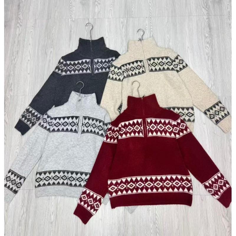 Womens Oversized Knit Sweater With Lapel Collar Geometric Fall Winter Loose Fit Soft Warm Pullover