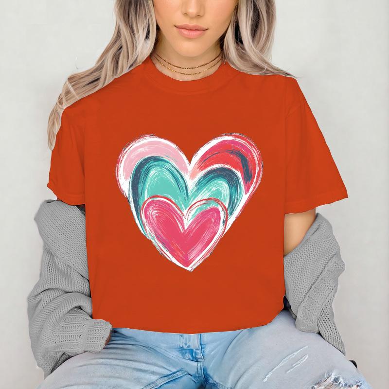 2026 New Girl's Colorful Love Printed Cotton Adult and Children's Couple T-shirt Summer Fashion Loose Sports Daily Short Sleeve