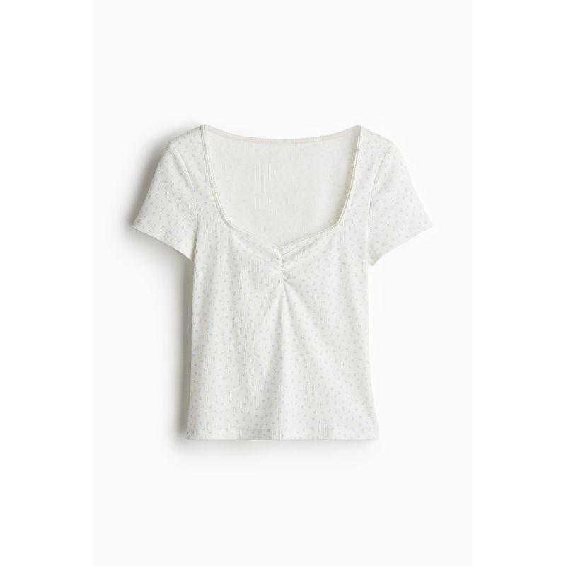 

HM 2025 Лето Новая Женская одежда Мода Повседневный Повседневный Футболка с отделкой маленьким кольцом 1272517 Cream/Florals 155/80(XS)