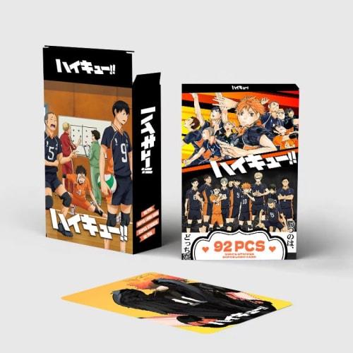 Haikyuu! Trading Cards, LOMO Cards, and Accessories, featuring Hinata Shoyo, Kageyama Tobio, Kuroo Tetsuro, Tsukishima Kei, and Sugawara Koushi. Karas