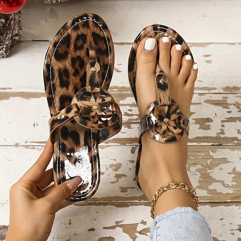 Fashion Flip Flops Summer New Casual Large Size Leopard Print Women's Flat Beach Flip Flops Sandals