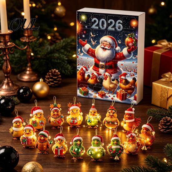 Christmas Tree Decor Chicken Advent Calendar 2026, 24 Days Countdown with 2D Flat Surprise Acrylic Ornament, Cartoon Hanging Pendant for Tree, Holiday