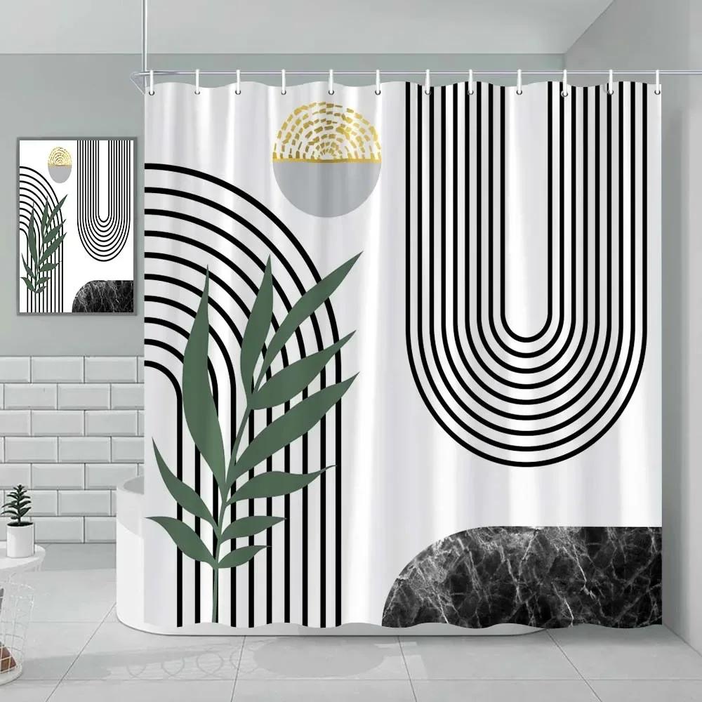Fabric Geometric Shower Curtain, Mid-Century Modern Geometric Herringbone Chevron Blue Black Gray Square Bathroom Decoration