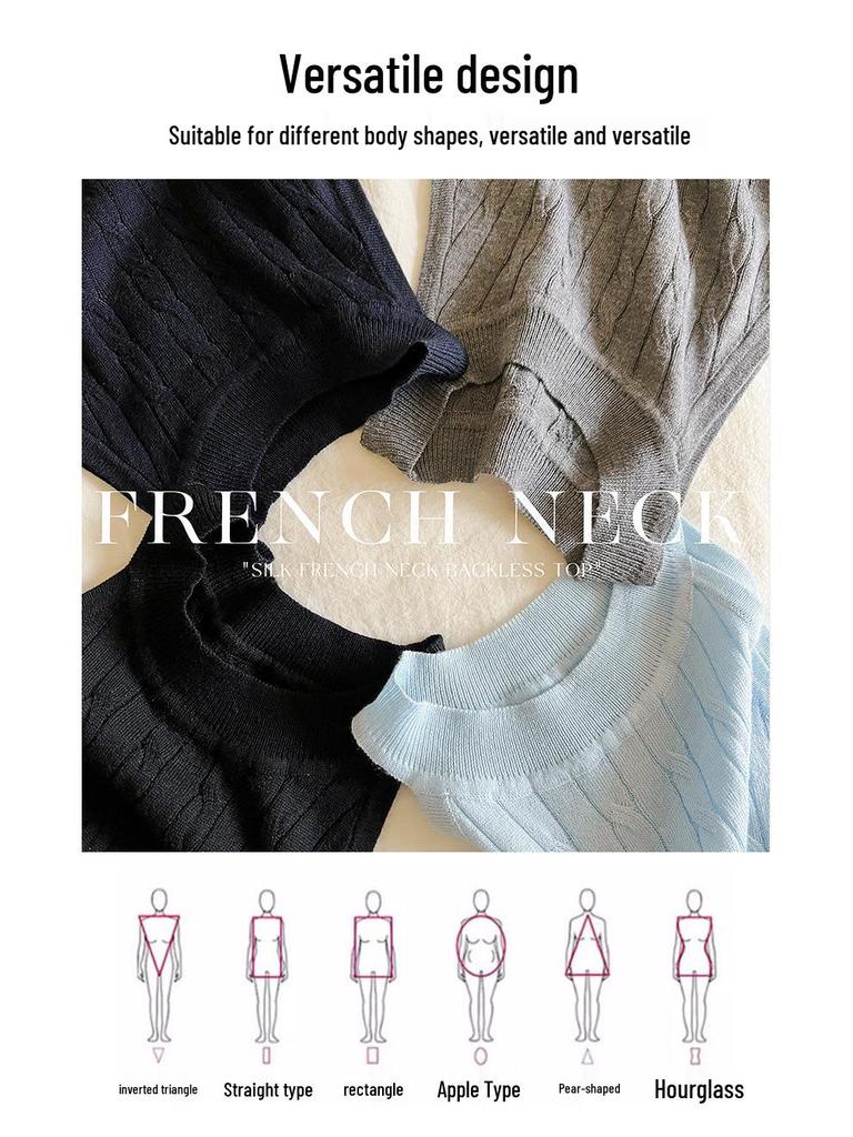 Damen Ärmelloses Neckholder Tanktop aus Weicher Maulbeerseide - Slim Fit Französischer Zopfstrick