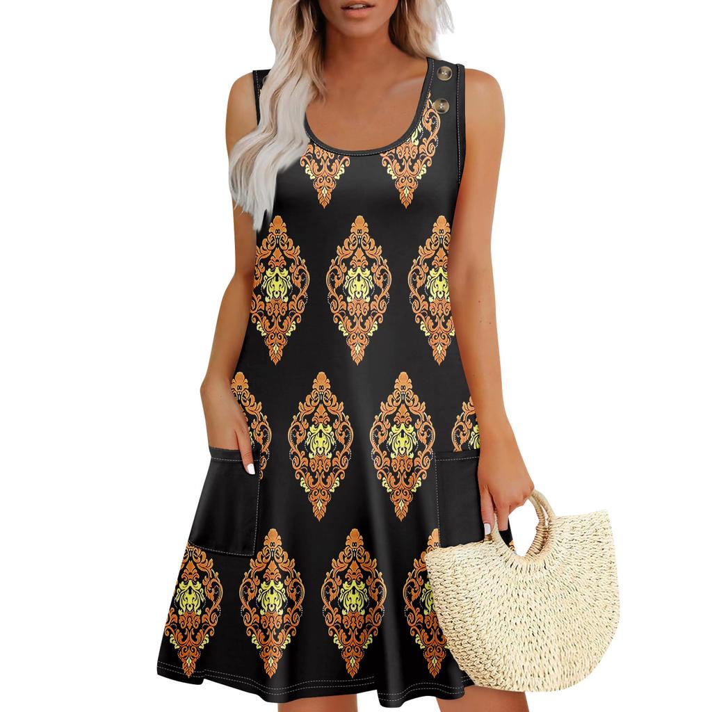 Summer Dresses For Women Beach Boho Sleeveless Printing Flowy Pocket Tshirt Tank Sundresses