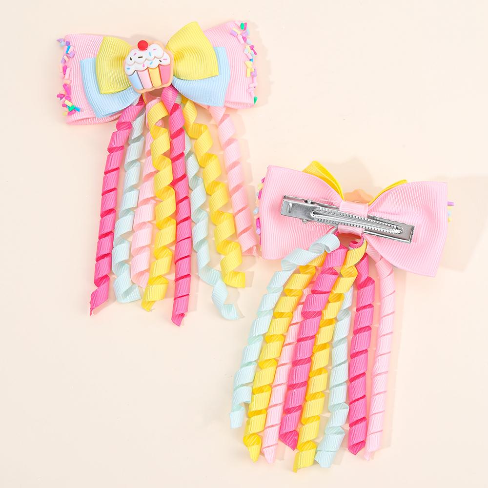 2Pcs Sweet Dessert Hair Clip Tassel Ribbon Curly Bow Hairpin For Girls Ponytail Barrette Children School Headdress Accessories