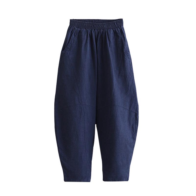 2025 Podzim Dámské Nadměrné Velikosti Retro Lněné Kalhoty na Jógu - Sešívané, Jednobarevné, Styl Zenové Meditace