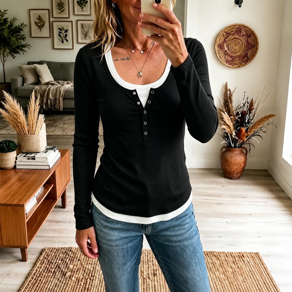 Women's Long Sleeve Color Block Fake Two-Piece Slim Fit Casual T-Shirt