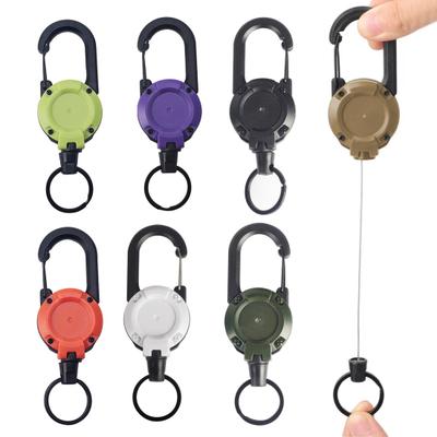 1/4-teiliger einziehbarer Schlüsselanhänger mit 60 cm Stahlkordel, robuster Karabiner, Ausweishalter, ausziehbar, für Camping und Wandern, hängende Schnalle