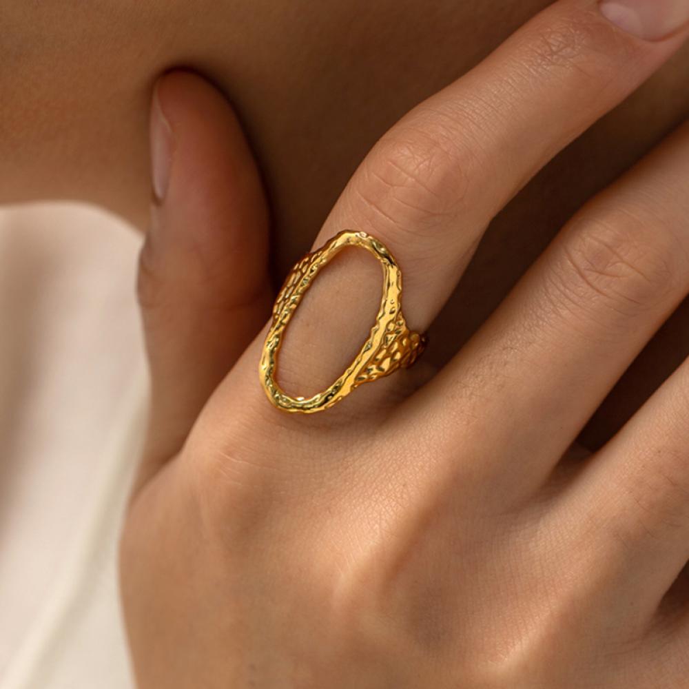 316L Stainless Steel Geometric Oval Rings for Women Men Punk Irregular Textured Open Ring High-Quality Waterproof Jewelry Gift