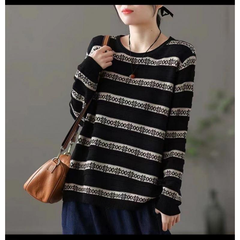 Autumn Winter Sweater Long Sleeved Casual Round Neck Pullover Knitted Sweater Loose Slimming Striped Minimalist Pullovers & Long Sleeves (women’s)