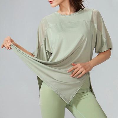 O Hals Kurzarm Läuft Schnell Trocknend Fitness Bluse Frauen Sommer Seite Rissige Sport T-shirt Mesh Lose Yoga Tops 30662