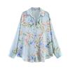 Womens Floral Print Satin-Like Long Sleeve Shirt Top Relaxed Fit Collared Blouse Office Casual Wear