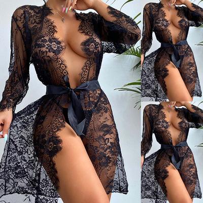 Women Lace Nightdress Lingerie Babydoll G-string Sleepwear Dress Kimono Robe