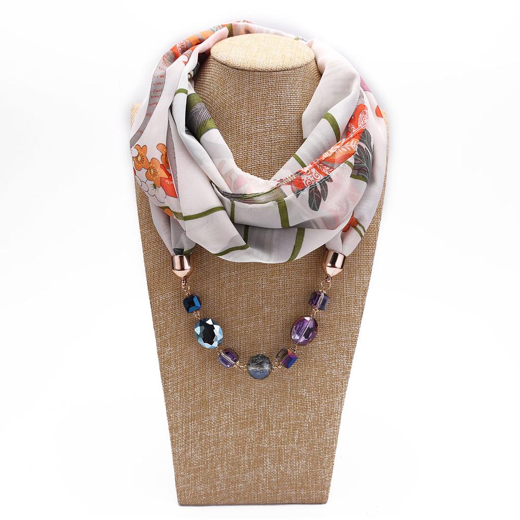 Elegant Chiffon Infinity Scarf with Floral Print & Crystal Beaded Necklace – Women’s Stylish Fashion Accessory