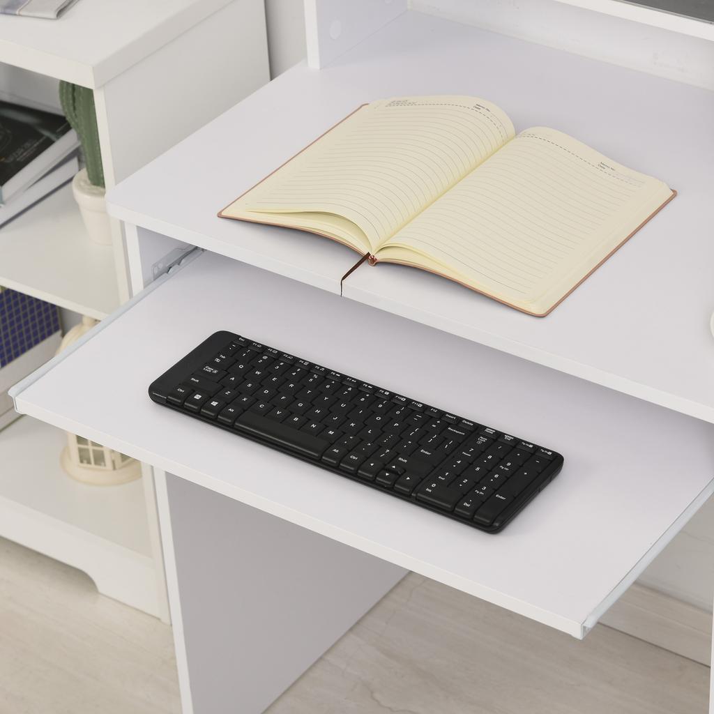 Kompakter Computertisch, Schreibtisch für Desktop-PC in Weißem Holz mit Ausziehbarer Tastaturablage und Regalen 104x48x95.5cm