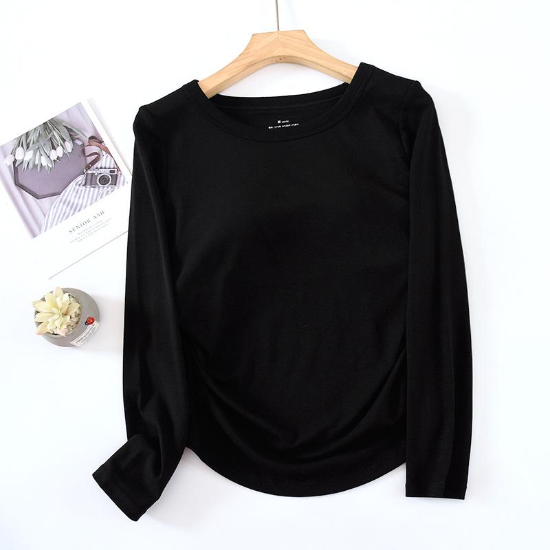 Chest-Padded Slim Fit Women's Top: Round Neck, Long Sleeve, Fishtail Hem, No Bra Needed, Autumn/Winter Style.