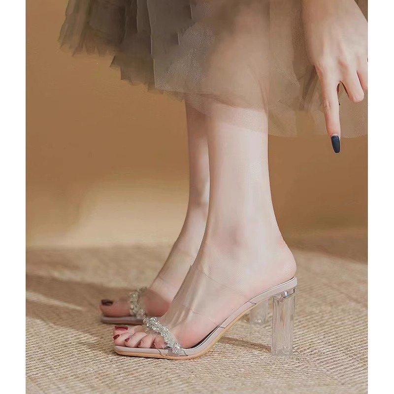 French Rhinestone Transparent Crystal Heel Sandals Women's Summer Word Belt High Sense Thick Heel Slippers High Heels Wear Sandals