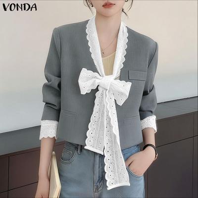 Damen Casual Tiefer Ausschnitt Spitze Schleife Langarm Elegant Büro Bluse