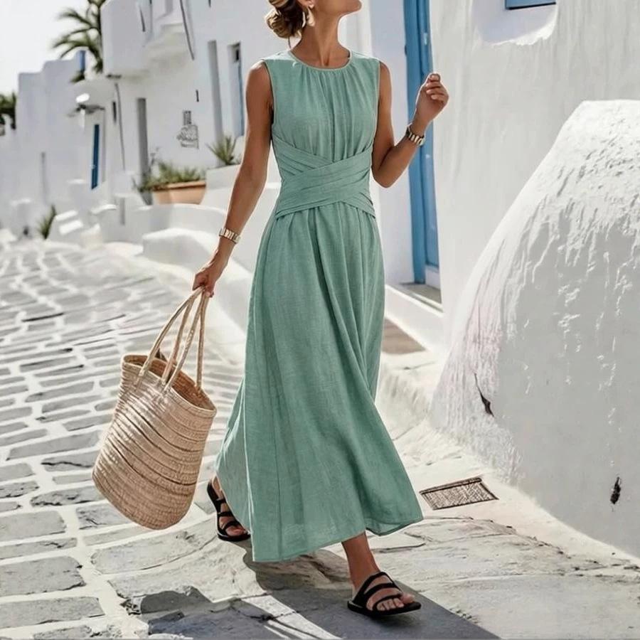 European and American women's sleeveless cross-waist pleated dress Tencel hemp blended minimalist dress