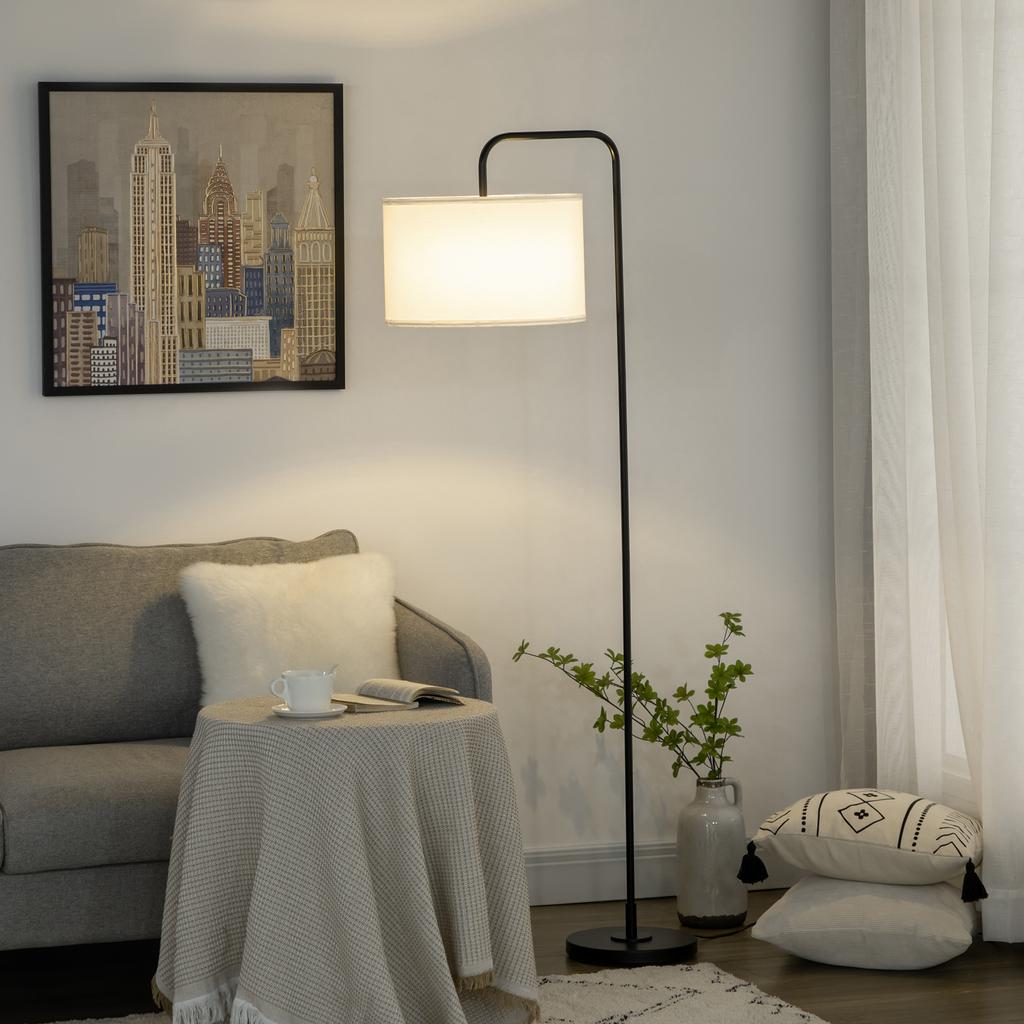 Floor Lamp with Foot Switch, Floor Light with Fabric Shade, Steel, White