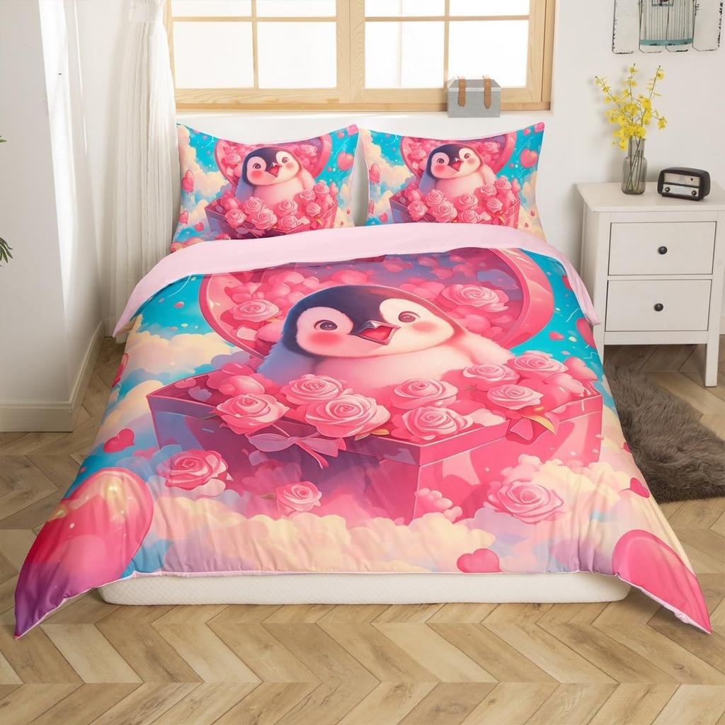 Cartoon Penguin Bedding Set Romantic Balloon Valentine's Day Comforter Cover Groovy Roses Flower Duvet Cover for Couple Lovers