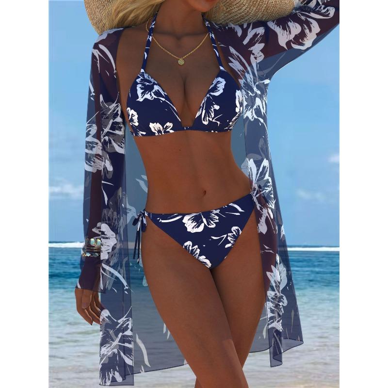 Three-piece Swimsuit with Sunscreen Cover, Trendy Beach Swimsuit Three-piece Set S