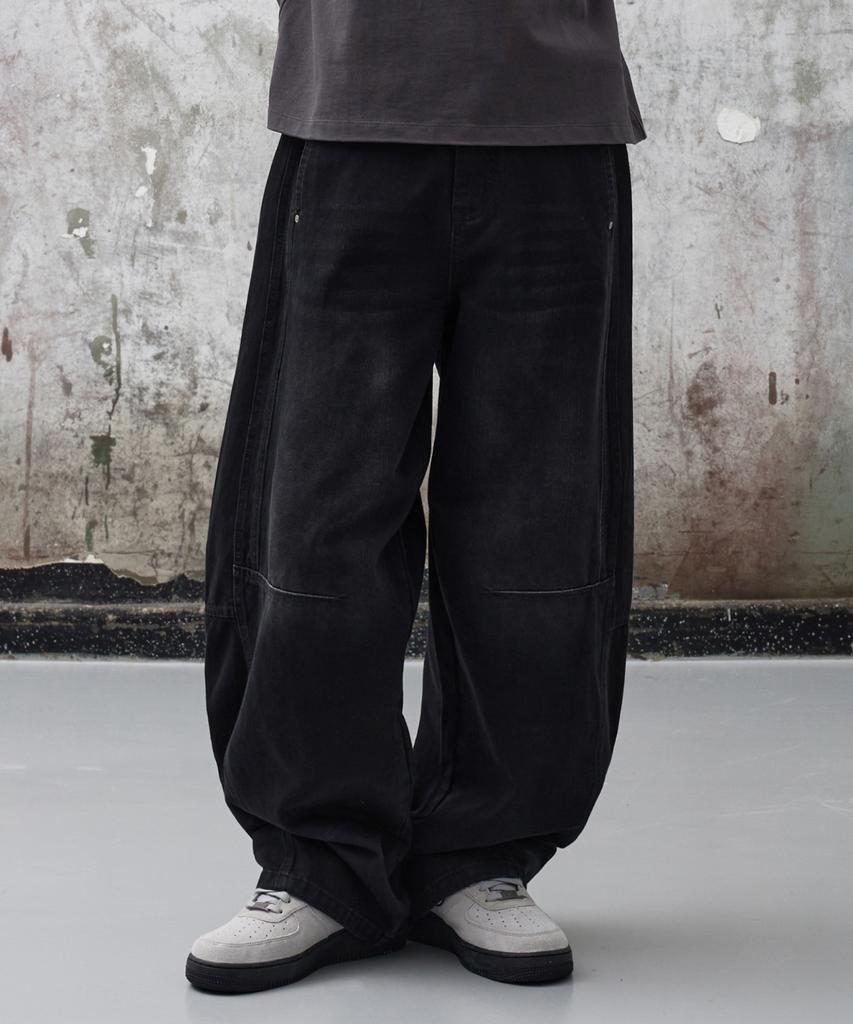 AGOD Vintage Elastic Waist Balloon Denim Pants [Black]