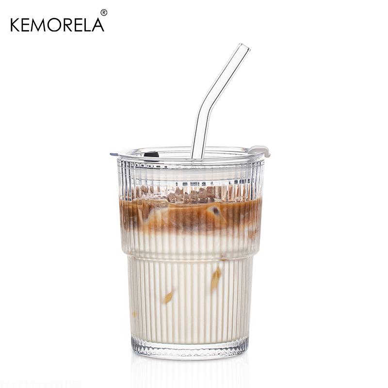 

1/2PCS 450ml Stripe Glass Cup Transparent Glass Drinking Cups With Lid and Straw Ice Coffee Tea Cup Juice Glass Milk Water Cup 450ml