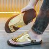 2024 Luxury Gold Flip Flops Man Metallic Leather Sandals Men Open-toe Slippers Comfort Outdoor Sandals For Men Chanclas Hombre