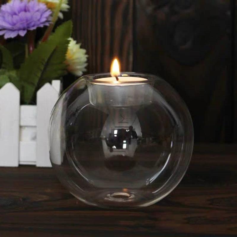 Round Glass Candle Holder Transparent Candlestick Ornaments Home Bar Decorations