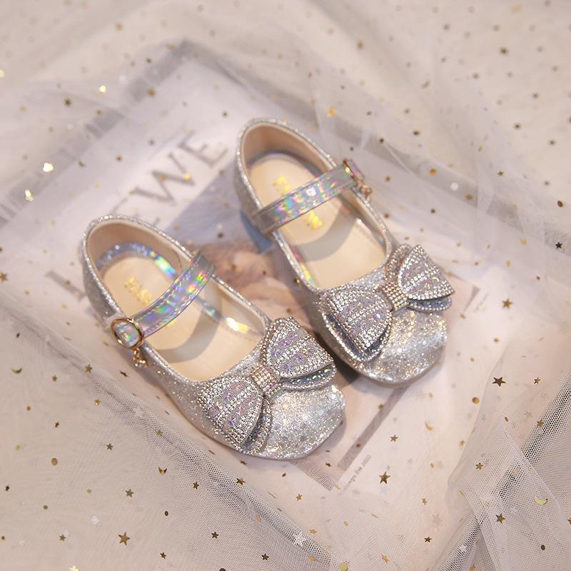 Chaussures de princesse pour filles, petites chaussures en cuir avec nœud en strass, roses, mignonnes, à fond souple, simples, sophistiquées, généreuses et élégantes pour filles