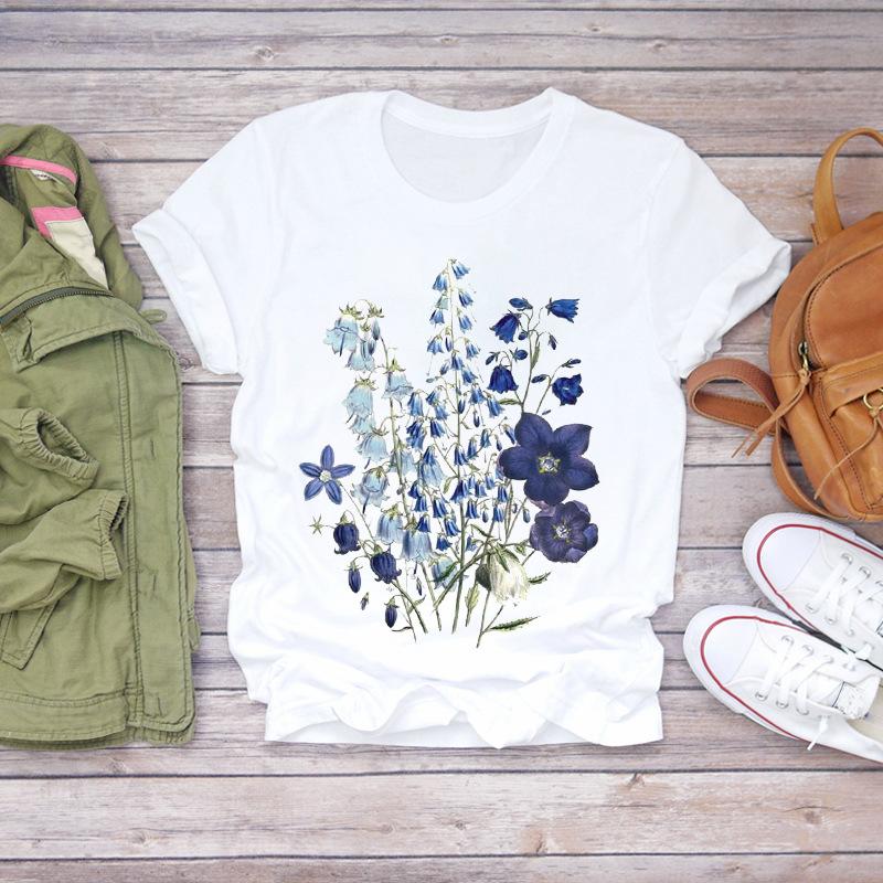 Summer Round Neck Floral Print Top Fashionable Casual Short Sleeved Women's Pure Cotton T-shirts