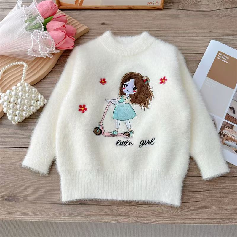 Autumn Winter Children's Sweater Pullover Girls' Round Neck Knitwear Mink Down Children's Long Sleeve Sweater