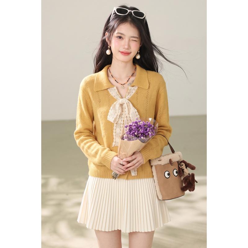 Yellow Women's Loose Knit Cardigan with Bow - Autumn Winter Sweater 2026