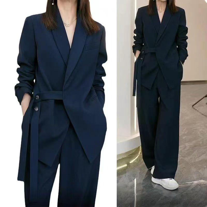 

Plus-Size Women s Suit Set 2025 Spring and Autumn New Style High-End Loose Slimming Blazer Jacket Wide-Leg Pants Two-Piece Set Navy Blue [Top + Pants] 4XL(Recommended 85-95kg)