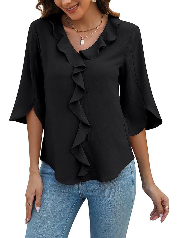 European & American Women's Artistic V-neck Ruffle Casual Shirt