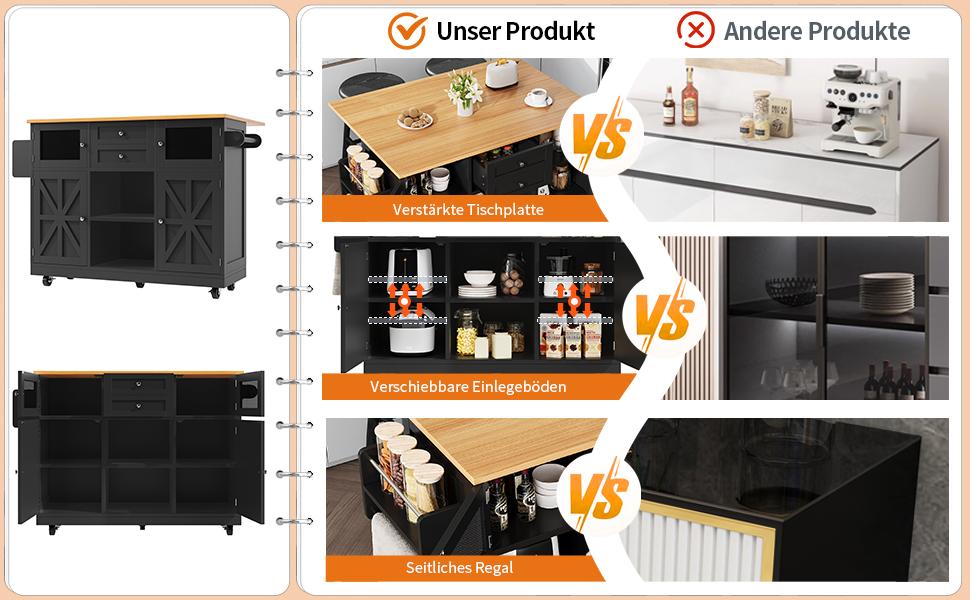 Isola cucina, carrello da pranzo con piano di lavoro, credenza, venature del legno, portasciugamani laterale, ante con rotelle, divisori regolabili, nero