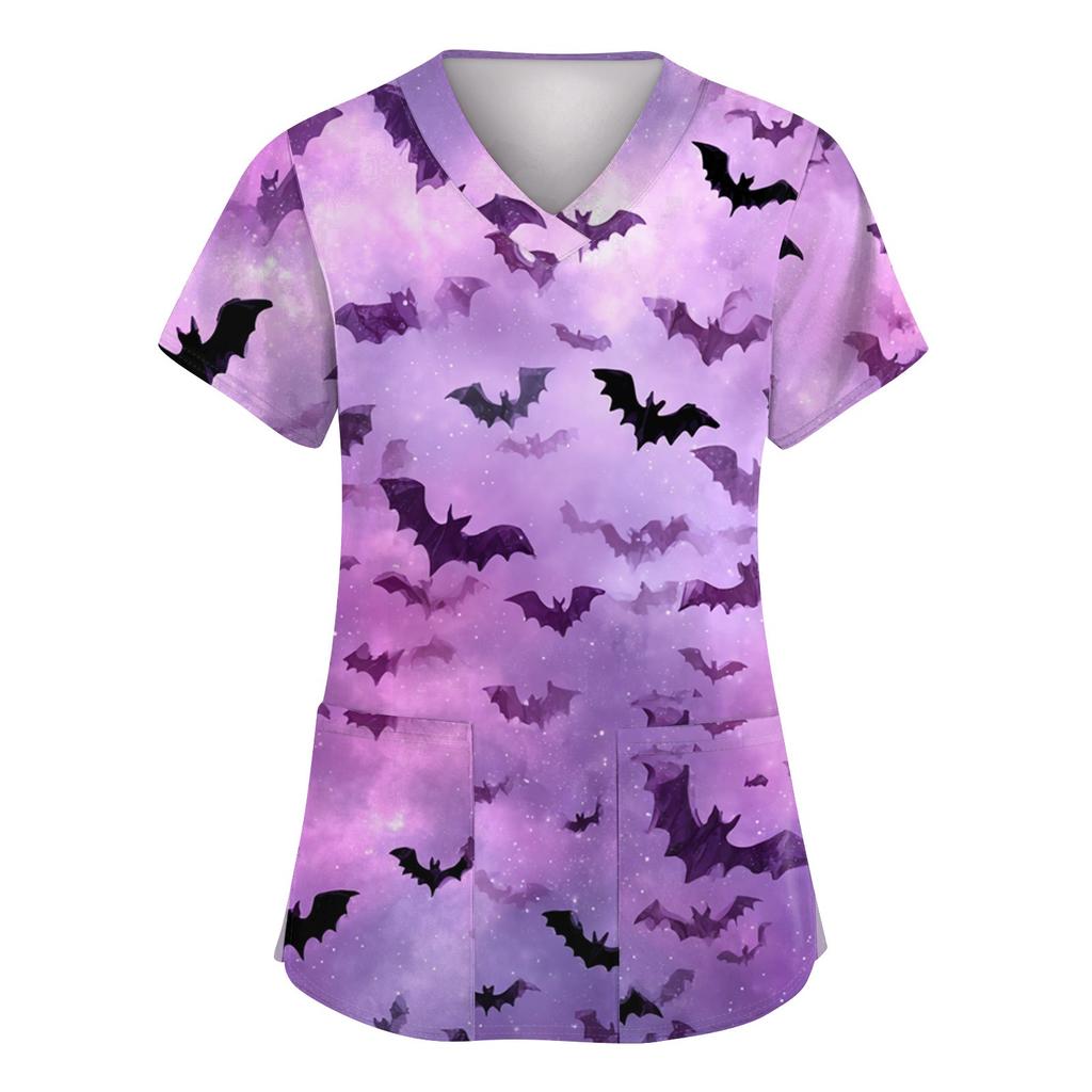 Damenmode Kurzarm Halloween Bedruckt V-Ausschnitt Tasche Arbeitskleidung Tops