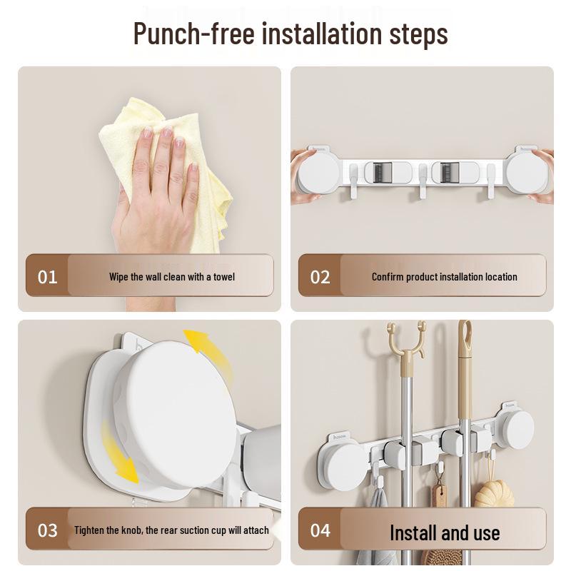 Bathroom Mop and Broom Suction Cup Wall Mount - Punch-Free, Space-Saving Holder and Organizer.
