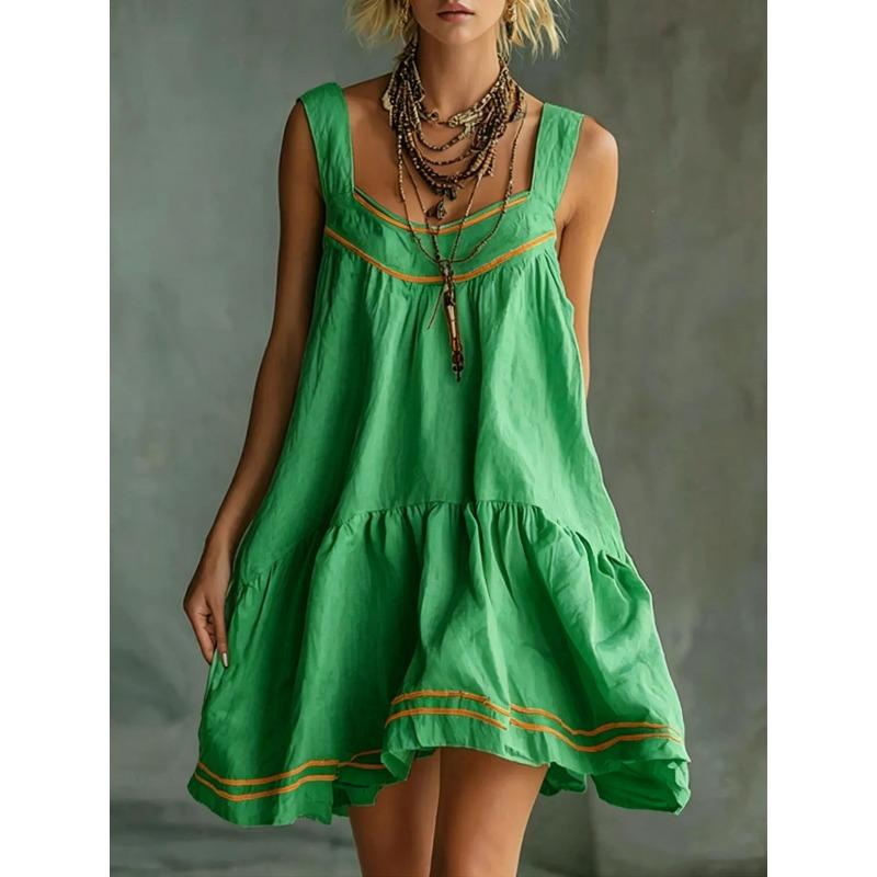 PEYWOW Women's Fashion Summer Spring Solid Color Print Sleeveless Square Collar Casual Dresses